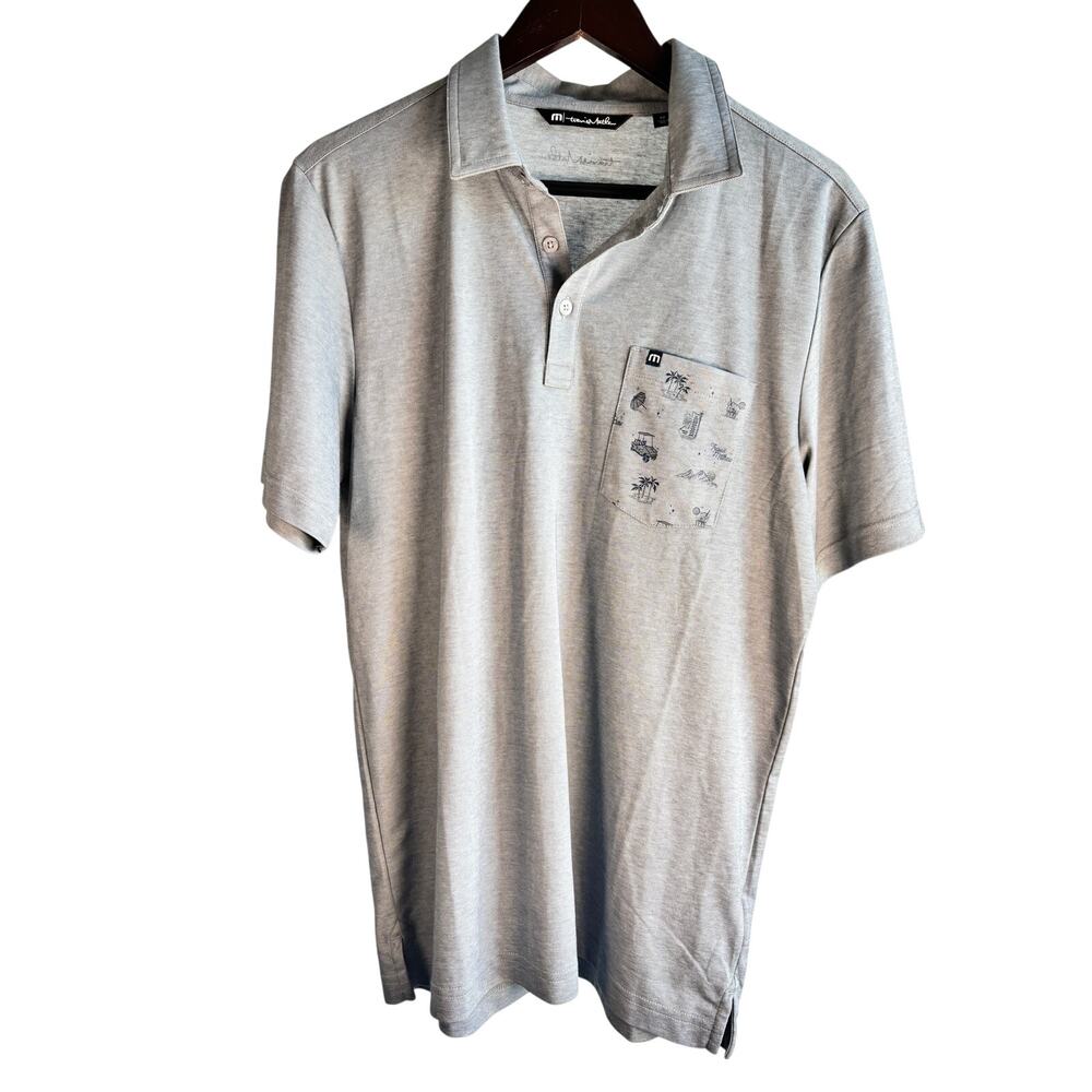 Travis Mathew Polo Shirt Men's Medium Gray Golf Casual Stretch Pocket Print